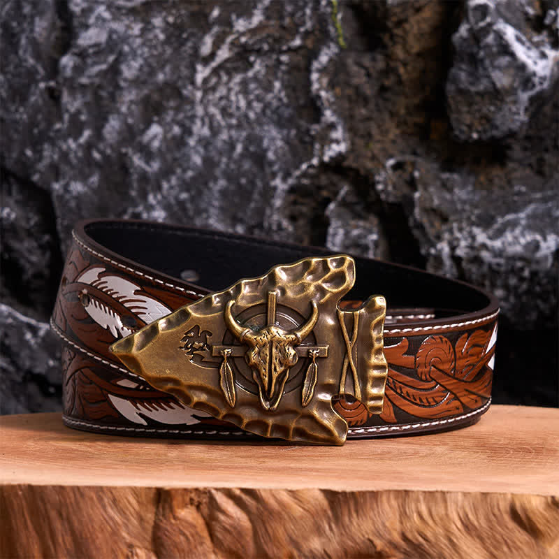 Cintura in pelle con fibbia a forma di toro a forma di freccia a forma di triangolo in bronzo fai da te - Bronzo antico - Cintura di piume marroni - 40 - image 7