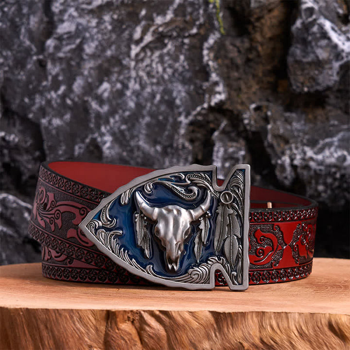 Cintura in pelle con fibbia a forma di toro a forma di punta di freccia smaltata blu navy fai da te - Argento antico - Cintura marrone intagliata - 42 - image 6