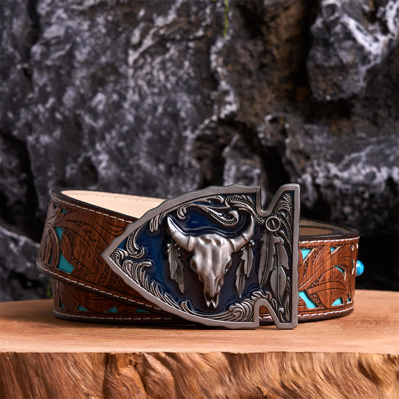 Cintura in pelle con fibbia a forma di toro a forma di punta di freccia smaltata blu navy fai da te - Argento antico - Cintura intagliata turchese - 42 - image 3