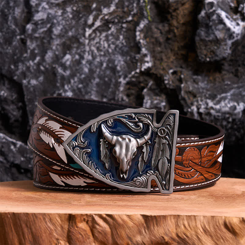 Cintura in pelle con fibbia a forma di toro a forma di punta di freccia smaltata blu navy fai da te - Argento antico - Cintura di piume marroni - 40 - image 7