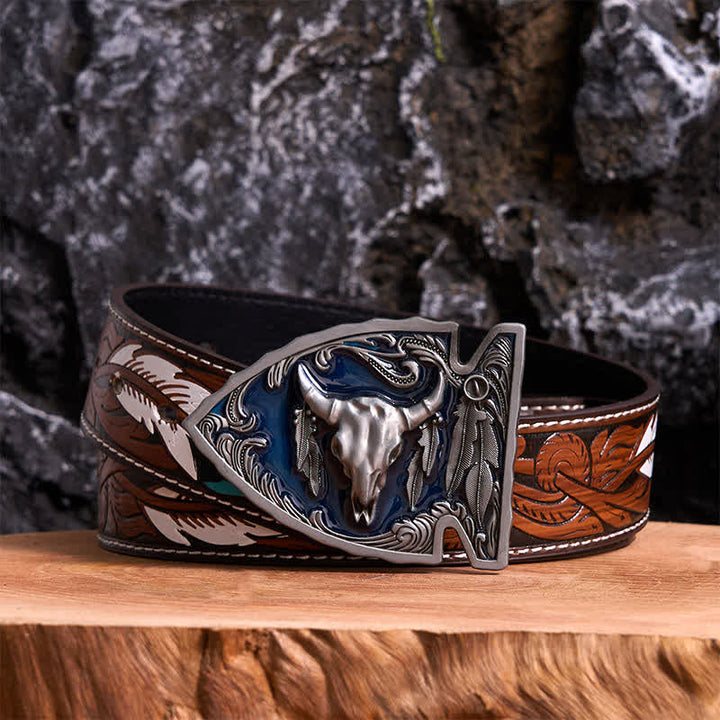 Cintura in pelle con fibbia a forma di toro a forma di punta di freccia smaltata blu navy fai da te - Argento antico - Cintura di piume marroni - 40 - image 7