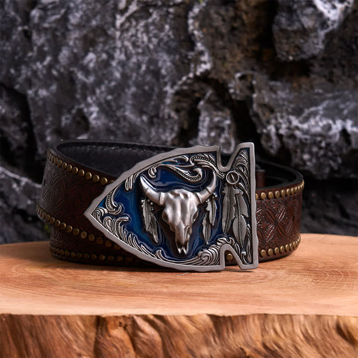 Cintura in pelle con fibbia a forma di toro a forma di punta di freccia smaltata blu navy fai da te - Argento antico - Cintura con rivetti marroni - 42 - image 4