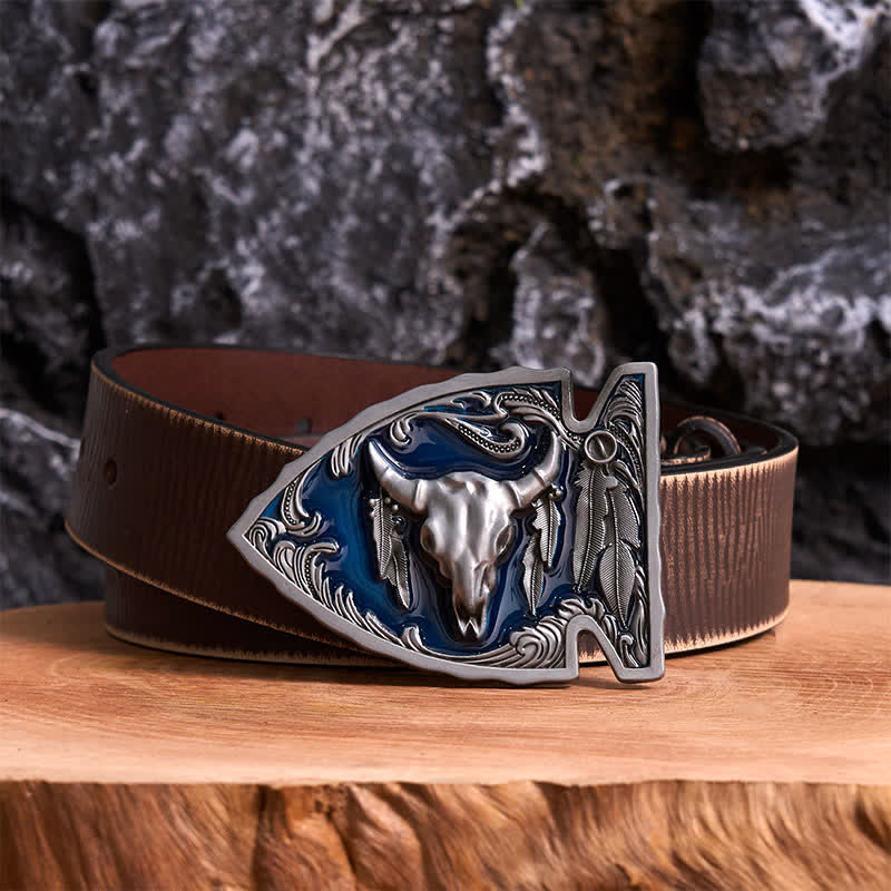 Cintura in pelle con fibbia a forma di toro a forma di punta di freccia smaltata blu navy fai da te - Argento antico - Cintura marrone anticata - 42 - image 5