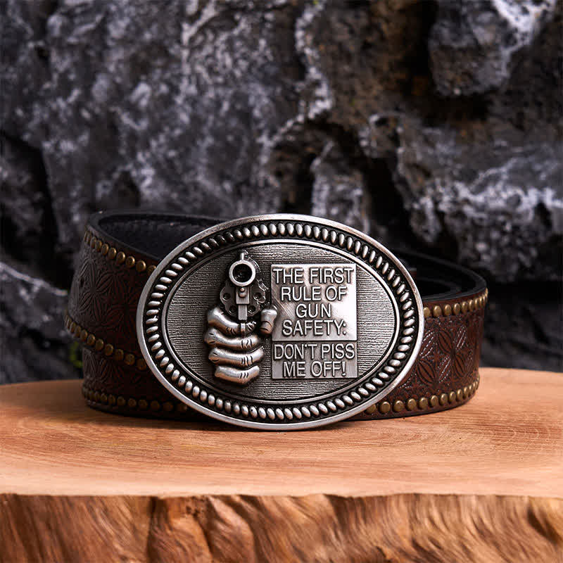 Cintura in pelle con fibbia "Outlaw Attitude" per la sicurezza delle armi da fuoco fai da te - Argento antico - Cintura con rivetti marroni - 42 - image 4