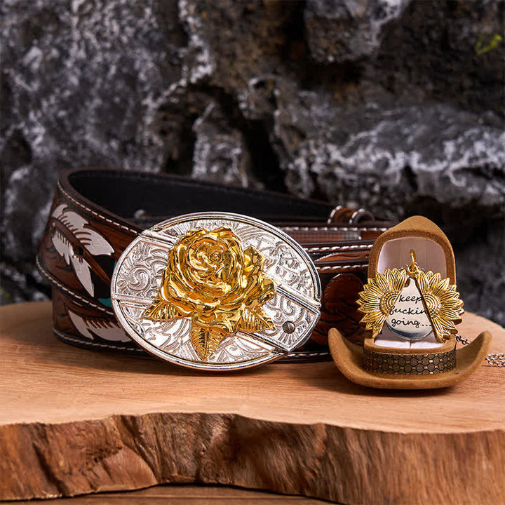 Set di collana con girasole e fibbia per cintura con coltello nascosto a forma di rosa, fai da te, in oro e argento - Oro e oro - Cintura di piume marroni - 40 - image 0