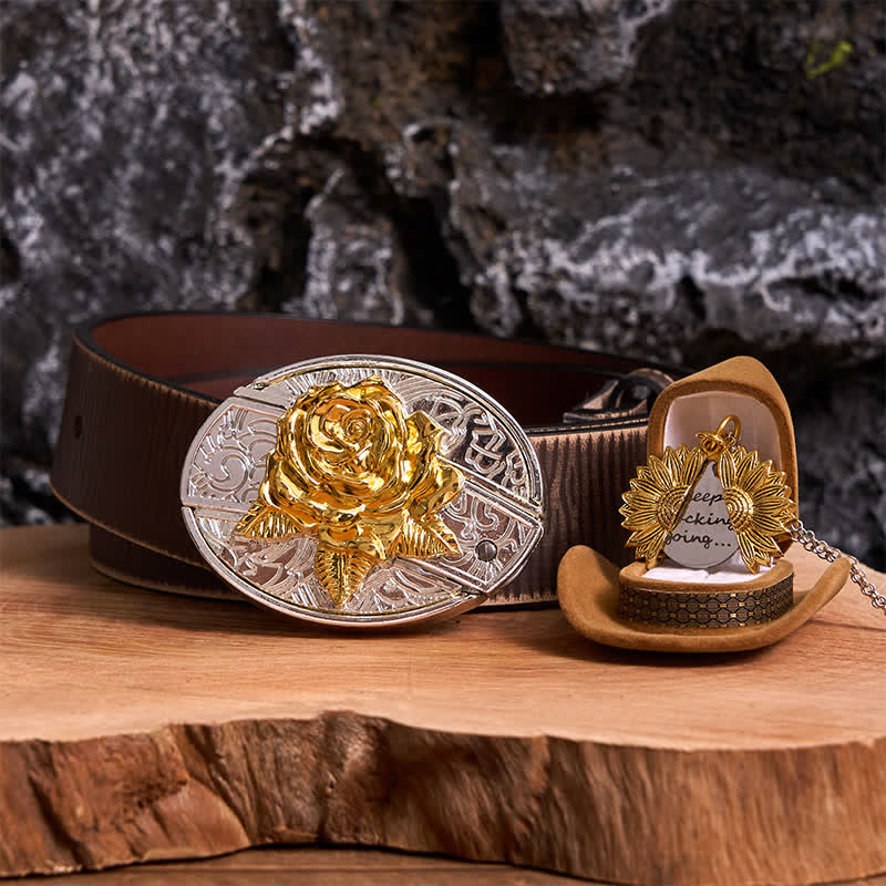 Set di collana con girasole e fibbia per cintura con coltello nascosto a forma di rosa, fai da te, in oro e argento - Oro e oro - Cintura marrone anticata - 42 - image 10