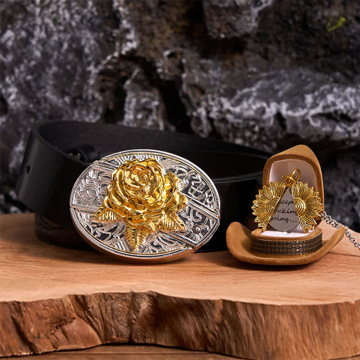 Set di collana con girasole e fibbia per cintura con coltello nascosto a forma di rosa, fai da te, in oro e argento - Oro e oro - Cintura con aquila in rilievo nera - 42 - image 7