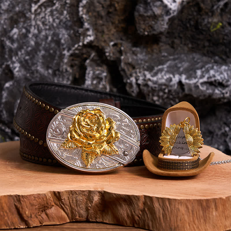 Set di collana con girasole e fibbia per cintura con coltello nascosto a forma di rosa, fai da te, in oro e argento - Oro e oro - Cintura con rivetti marroni - 42 - image 9
