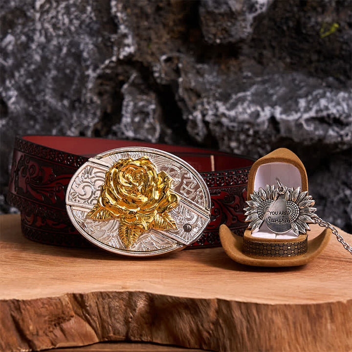 Set di collana con girasole e fibbia per cintura con coltello nascosto a forma di rosa, fai da te, in oro e argento - Oro e argento - Cintura marrone intagliata - 42 - image 21