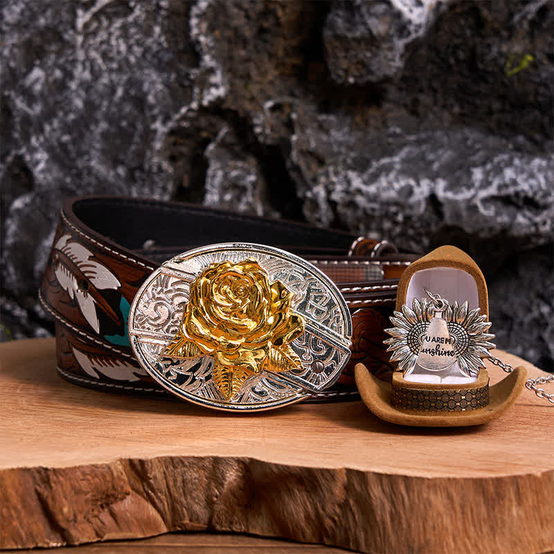 Set di collana con girasole e fibbia per cintura con coltello nascosto a forma di rosa, fai da te, in oro e argento - Oro e argento - Cintura di piume marroni - 40 - image 22