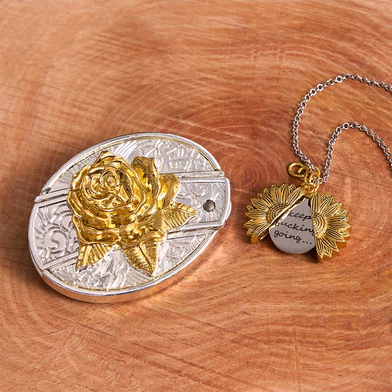Set di collana con girasole e fibbia per cintura con coltello nascosto a forma di rosa, fai da te, in oro e argento - Oro e oro - Senza cintura - Cintura non inclusa - image 1