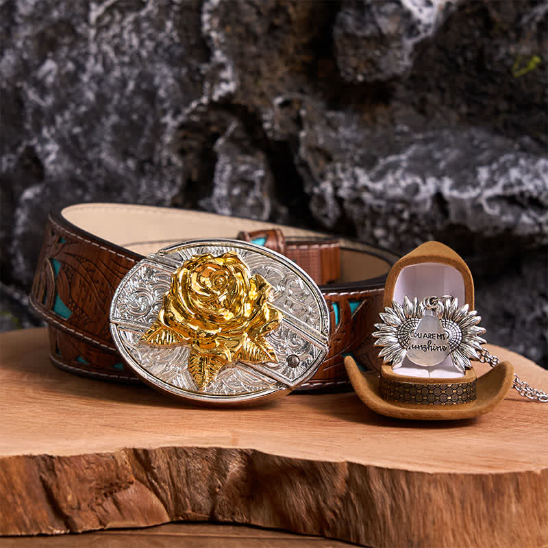 Set di collana con girasole e fibbia per cintura con coltello nascosto a forma di rosa, fai da te, in oro e argento - Oro e argento - Cintura intagliata turchese - 42 - image 18