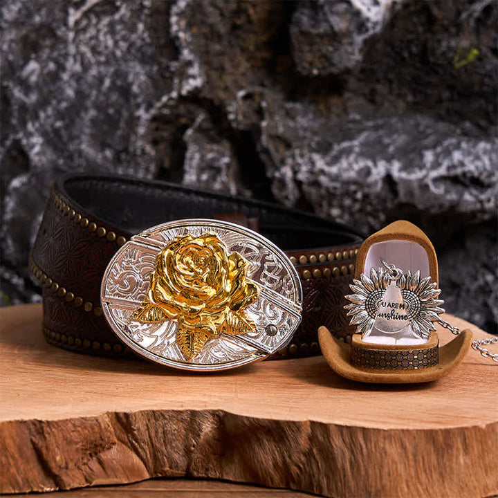Set di collana con girasole e fibbia per cintura con coltello nascosto a forma di rosa, fai da te, in oro e argento - Oro e argento - Cintura con rivetti marroni - 42 - image 19