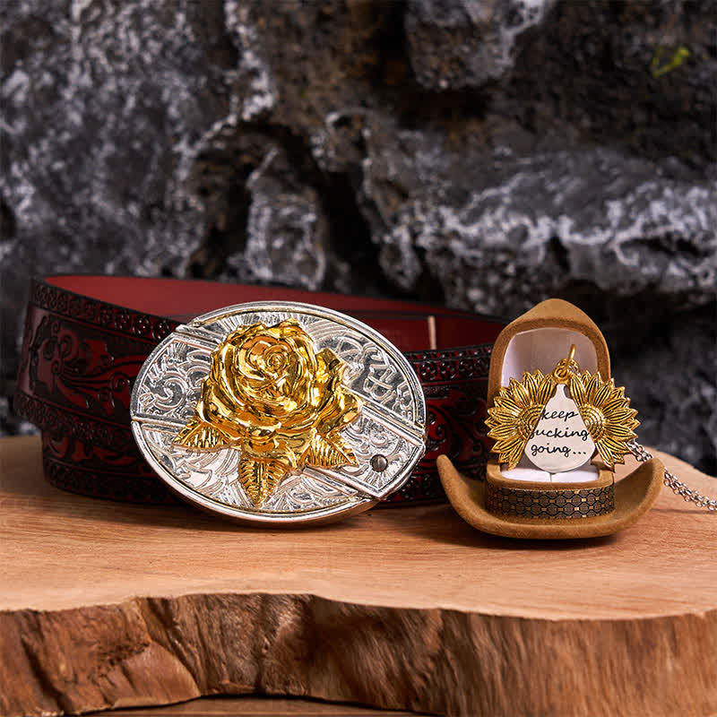 Set di collana con girasole e fibbia per cintura con coltello nascosto a forma di rosa, fai da te, in oro e argento - Oro e oro - Cintura marrone intagliata - 42 - image 11