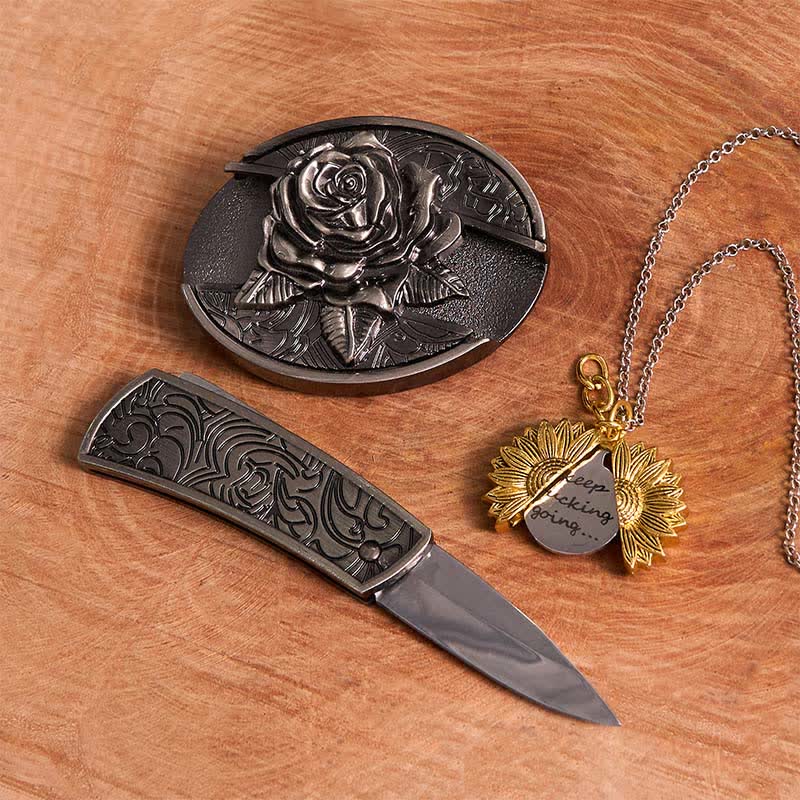 Set di collana con girasole e fibbia per cintura con coltello nascosto in argento fai da te e rosa - image 13