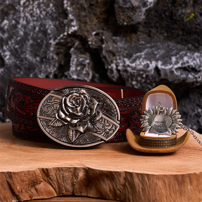 Set di collana con girasole e fibbia per cintura con coltello nascosto in argento fai da te e rosa - Argento e argento - Cintura marrone intagliata - 42 - image 11