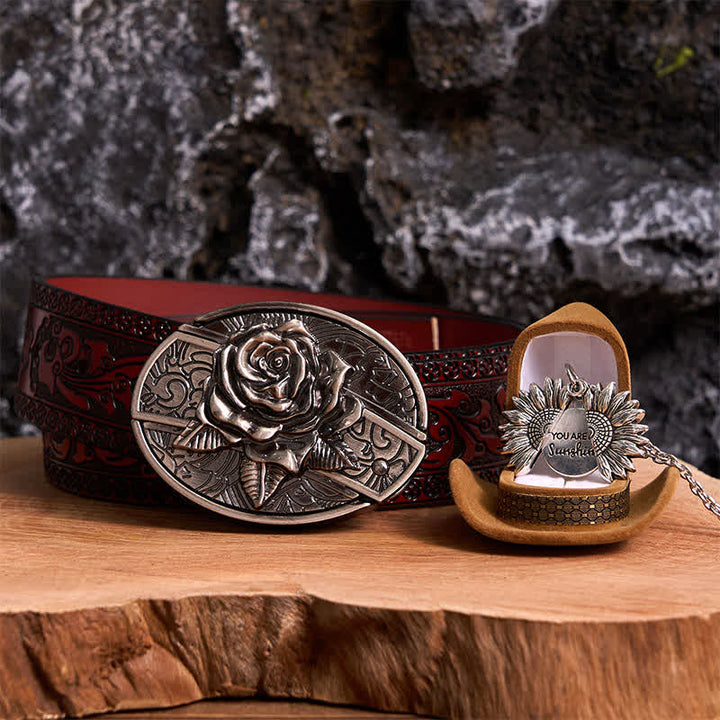 Set di collana con girasole e fibbia per cintura con coltello nascosto in argento fai da te e rosa - Argento e argento - Cintura marrone intagliata - 42 - image 11