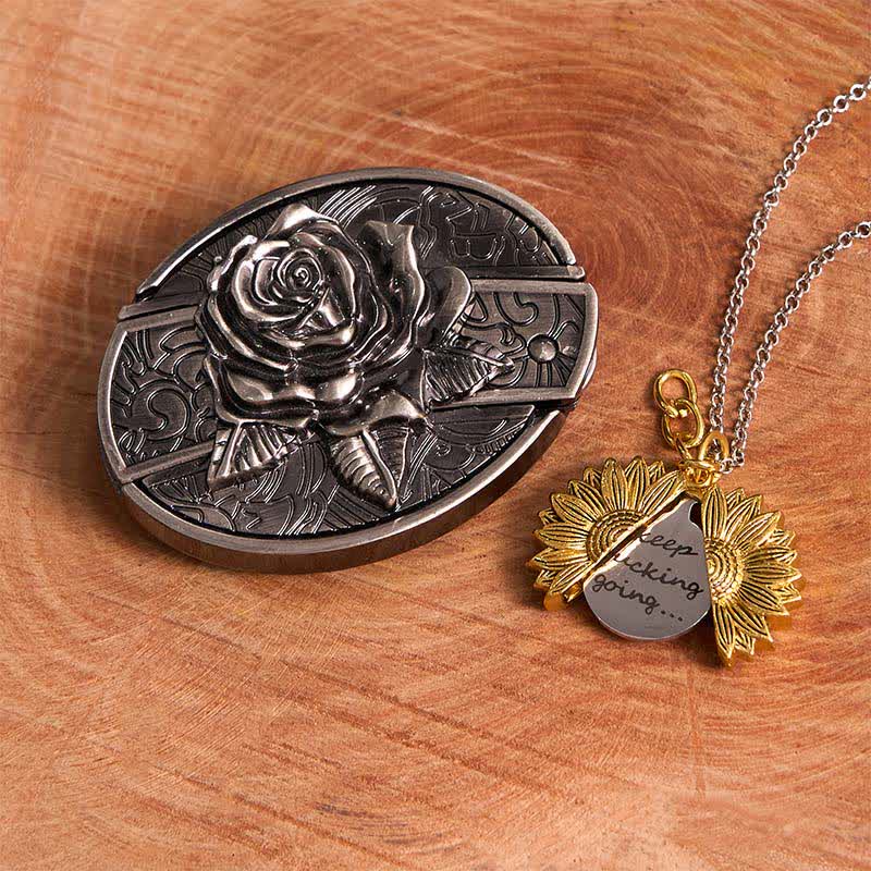 Set di collana con girasole e fibbia per cintura con coltello nascosto in argento fai da te e rosa - Argento e oro - Senza cintura - Cintura non inclusa - image 12