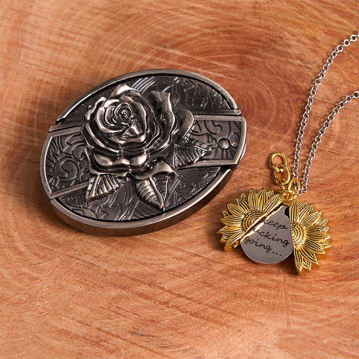 Set di collana con girasole e fibbia per cintura con coltello nascosto in argento fai da te e rosa - Argento e oro - Senza cintura - Cintura non inclusa - image 12