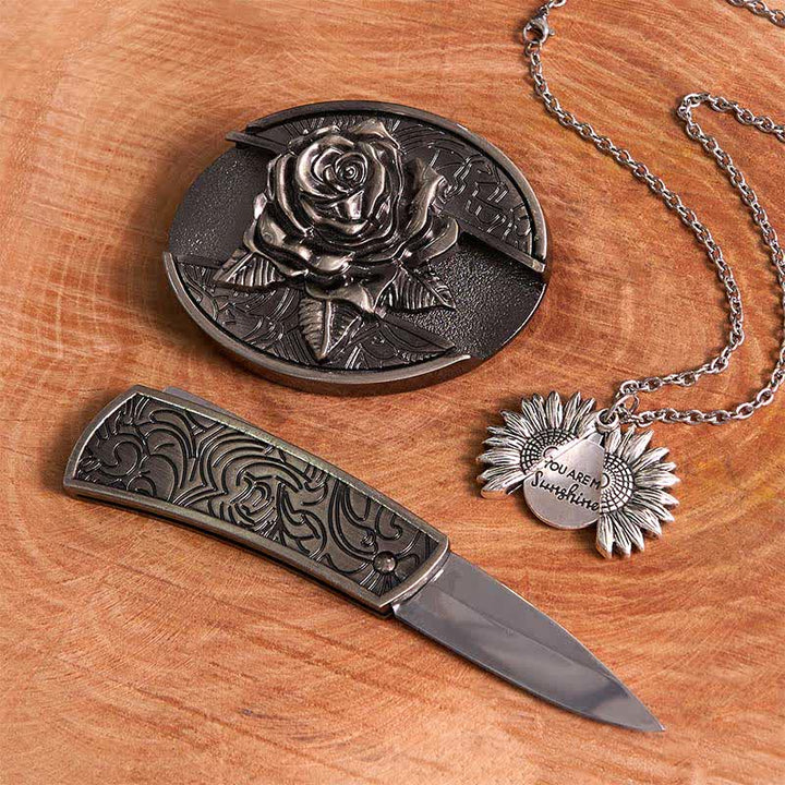Set di collana con girasole e fibbia per cintura con coltello nascosto in argento fai da te e rosa - image 2