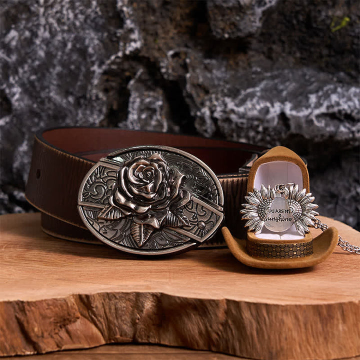 Set di collana con girasole e fibbia per cintura con coltello nascosto in argento fai da te e rosa - Argento e argento - Cintura marrone anticata - 42 - image 10