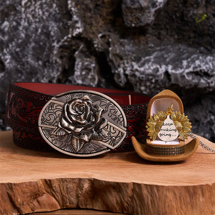 Set di collana con girasole e fibbia per cintura con coltello nascosto in argento fai da te e rosa - Argento e oro - Cintura marrone intagliata - 42 - image 22