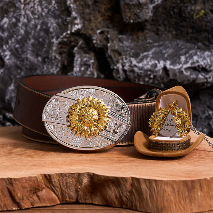 Set di collane con fibbia per cintura e coltello nascosto a tema girasole fai da te in oro e argento - Oro e oro - Cintura marrone anticata - 42 - image 7