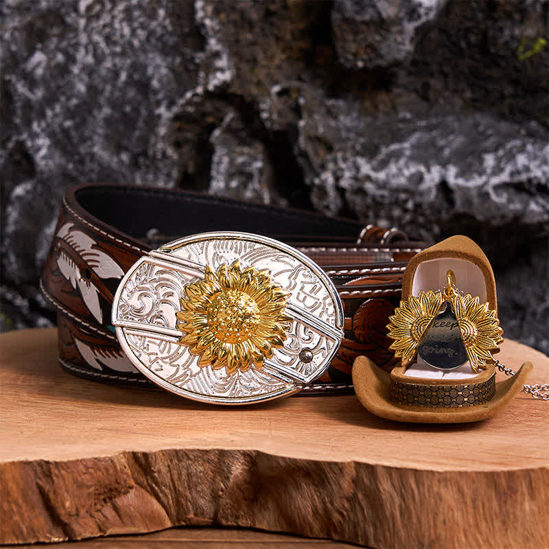 Set di collane con fibbia per cintura e coltello nascosto a tema girasole fai da te in oro e argento - Oro e oro - Cintura di piume marroni - 40 - image 0