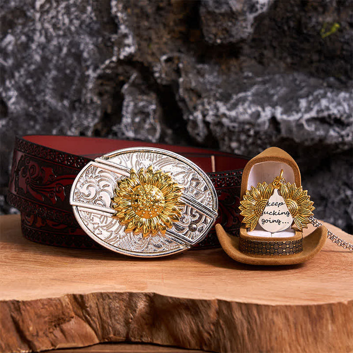 Set di collane con fibbia per cintura e coltello nascosto a tema girasole fai da te in oro e argento - Oro e oro - Cintura marrone intagliata - 42 - image 8