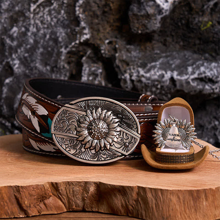 Set di collana con fibbia per cintura e coltello nascosto a tema girasole fai da te in argento - Argento e argento - Cintura di piume marroni - 40 - image 0