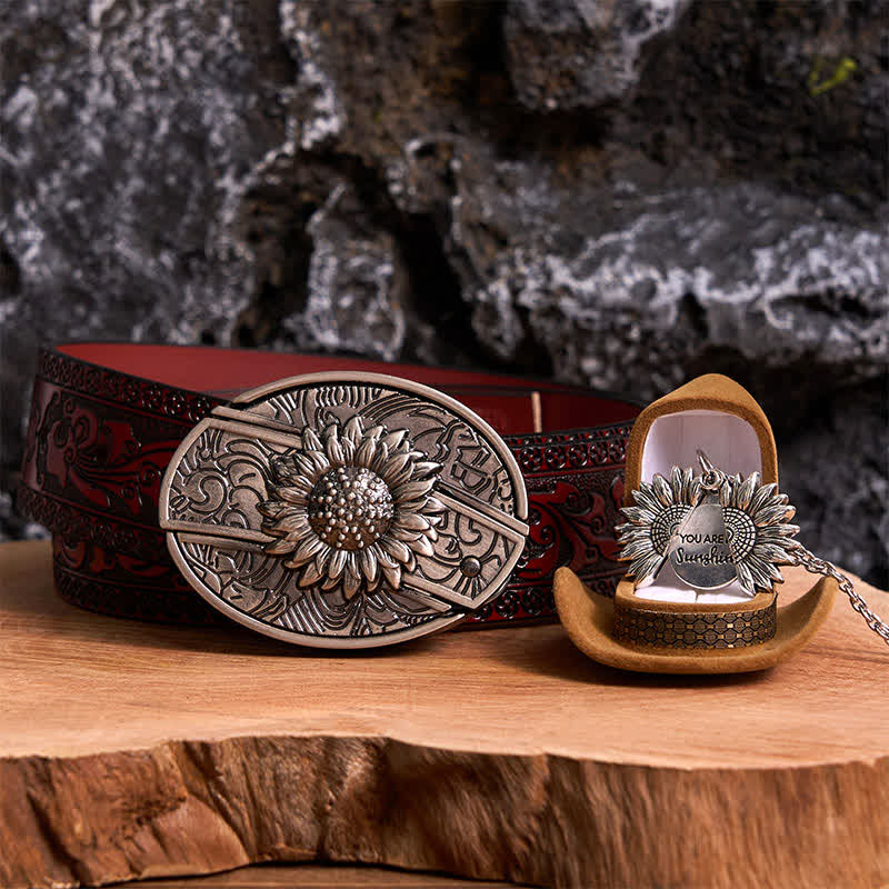 Set di collana con fibbia per cintura e coltello nascosto a tema girasole fai da te in argento - Argento e argento - Cintura marrone intagliata - 42 - image 8