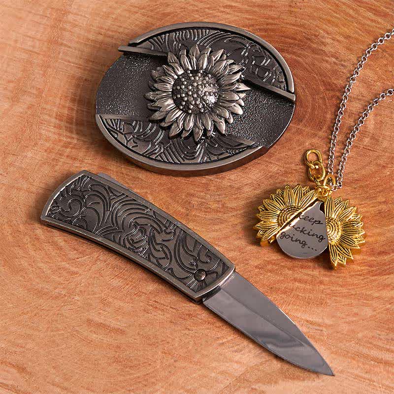 Set di collana con fibbia per cintura e coltello nascosto a tema girasole fai da te in argento - image 13