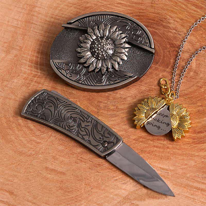 Set di collana con fibbia per cintura e coltello nascosto a tema girasole fai da te in argento - image 13