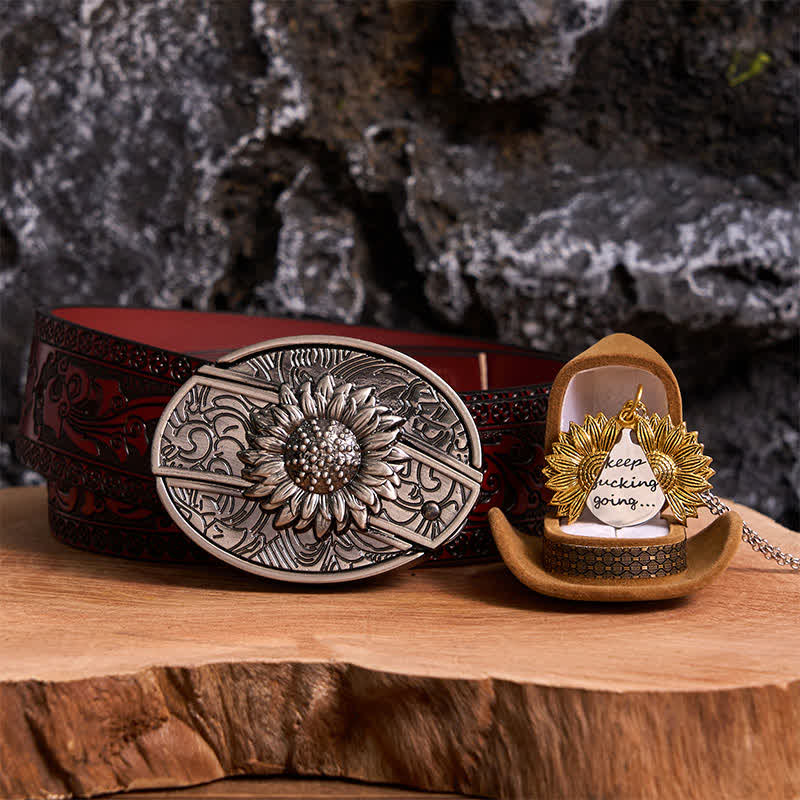 Set di collana con fibbia per cintura e coltello nascosto a tema girasole fai da te in argento - Argento e oro - Cintura marrone intagliata - 42 - image 22