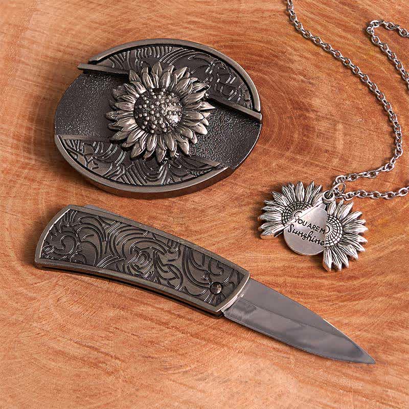 Set di collana con fibbia per cintura e coltello nascosto a tema girasole fai da te in argento - image 2