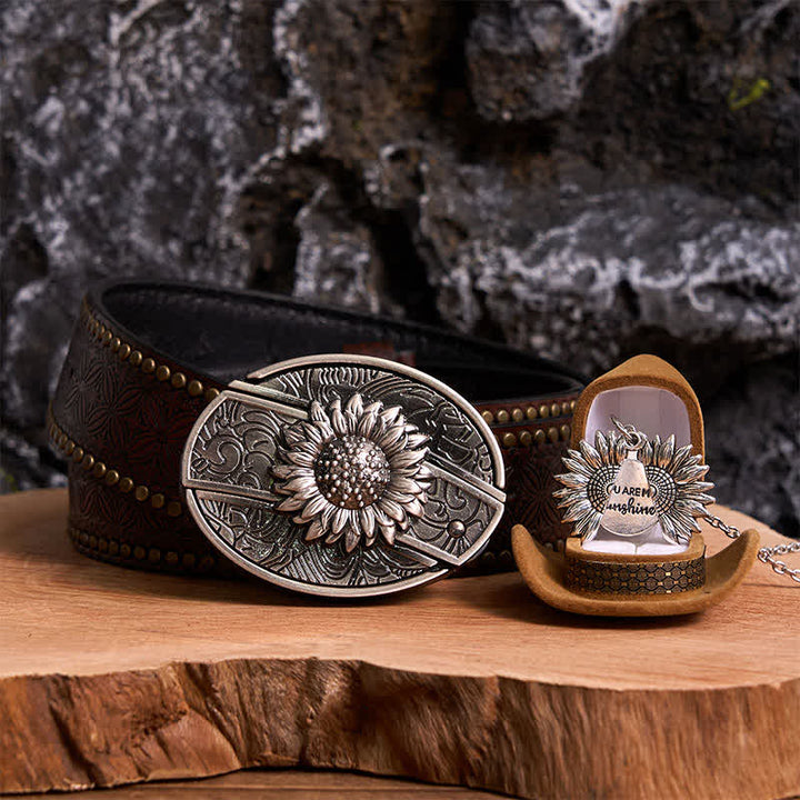 Set di collana con fibbia per cintura e coltello nascosto a tema girasole fai da te in argento - Argento e argento - Cintura con rivetti marroni - 42 - image 6