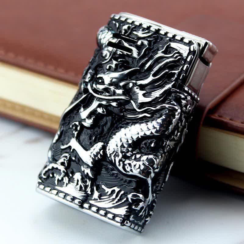 Accendino a cherosene ricaricabile con guscio staccabile e drago in rilievo - Stile n. 3 - Argento antico - image 11