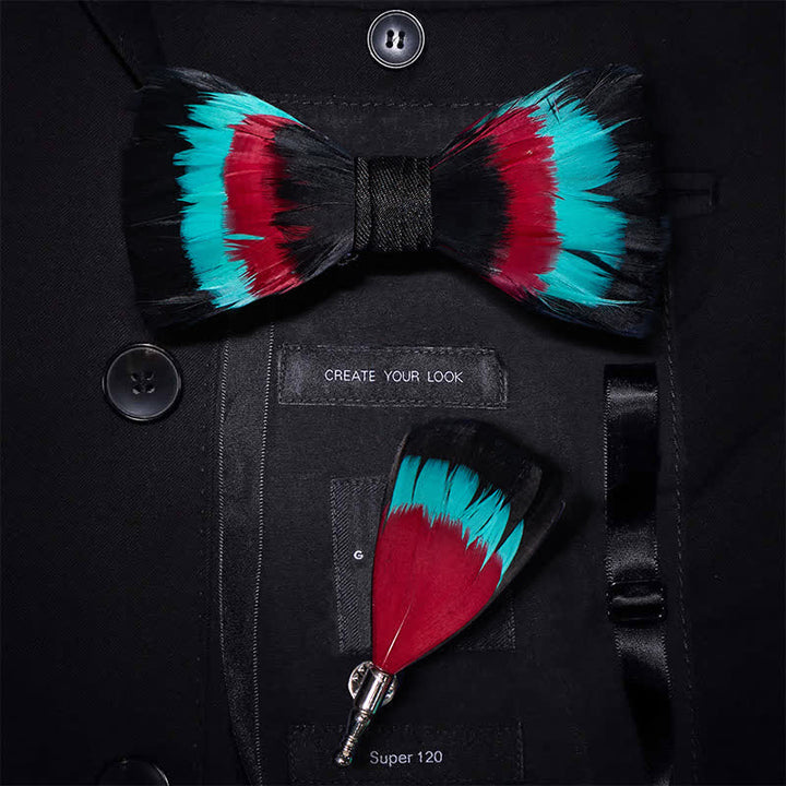 Papillon con piume color vino turchese e spilla da bavero - Vino turchese - image 0