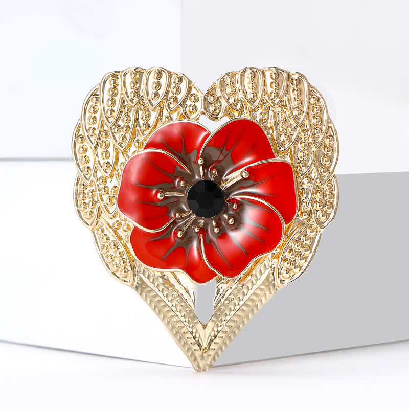 Spilla di lusso a forma di cuore dorato con fiore di papavero in smalto - image 4
