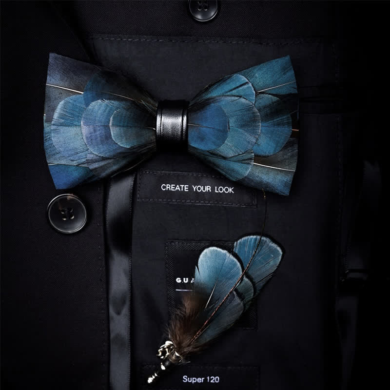 Papillon di piume naturali di lusso blu scuro con spilla da bavero - Blu scuro - image 0