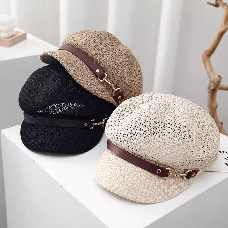 Cappello basco in paglia con decorazione in pelle tinta unita, estivo da donna - image 1