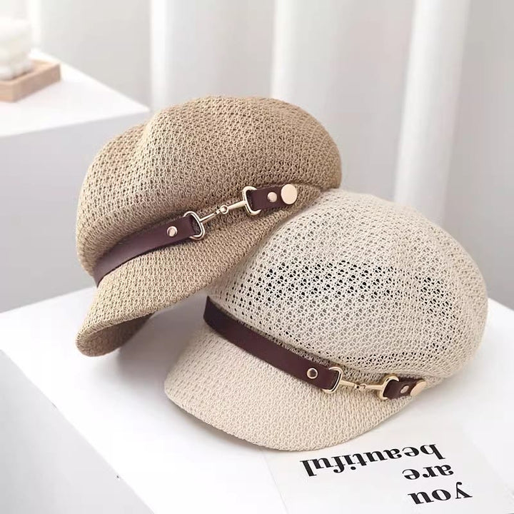 Cappello basco in paglia con decorazione in pelle tinta unita, estivo da donna - image 2