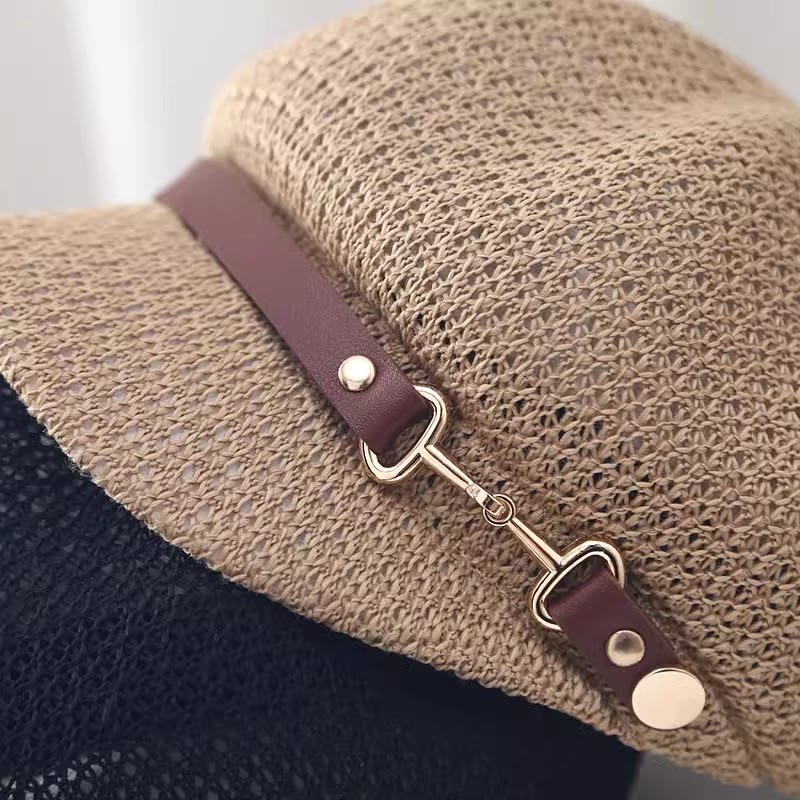 Cappello basco in paglia con decorazione in pelle tinta unita, estivo da donna - image 4