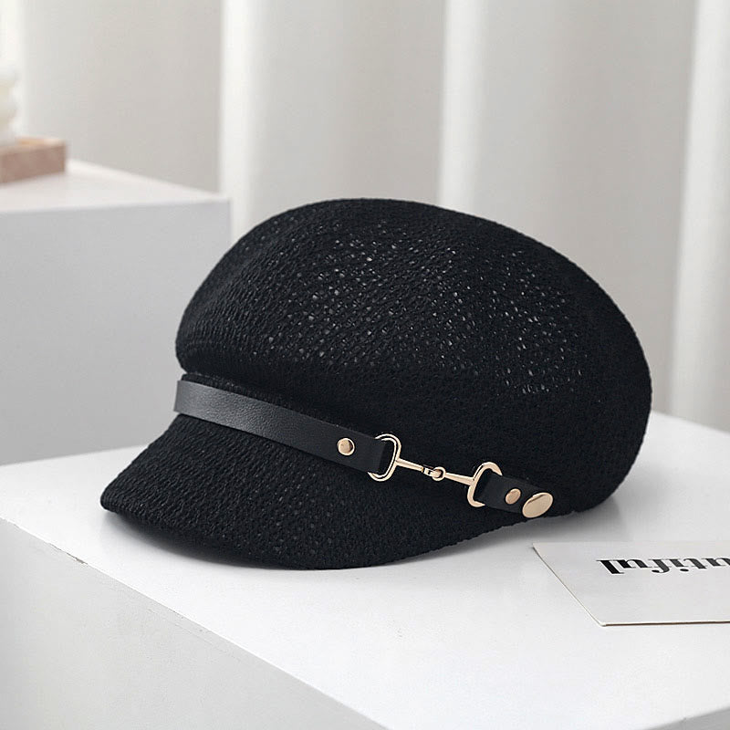 Cappello basco in paglia con decorazione in pelle tinta unita, estivo da donna - Nero - M (22 1/4"-22 7/8") - image 7