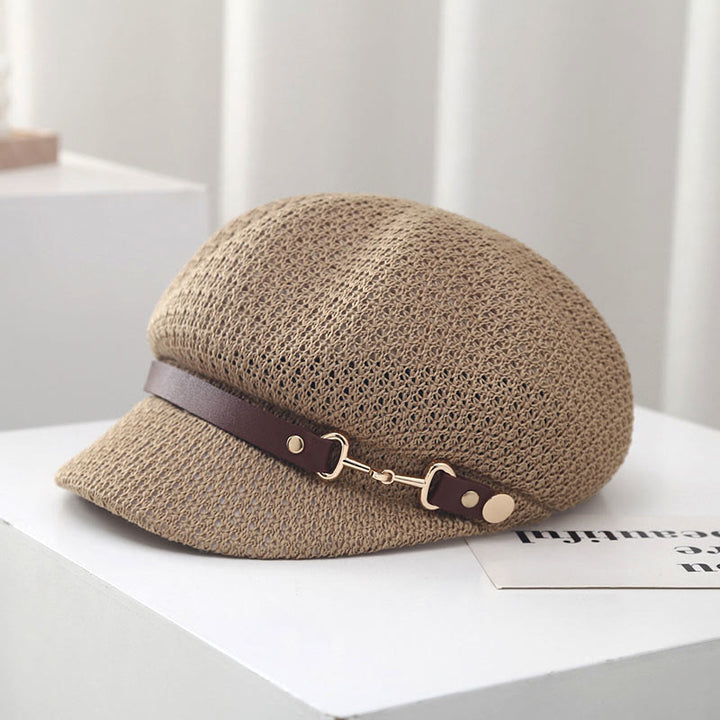 Cappello basco in paglia con decorazione in pelle tinta unita, estivo da donna - Cachi - M (22 1/4"-22 7/8") - image 0