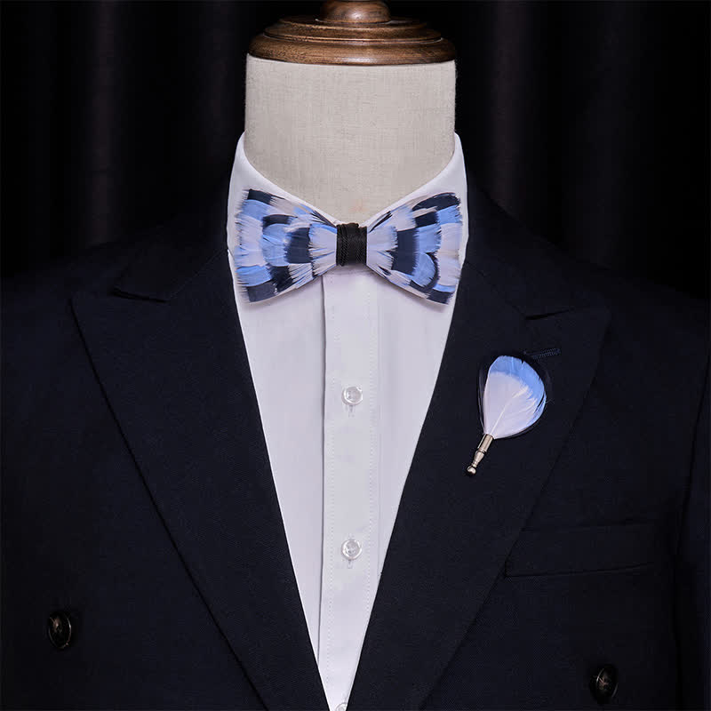 Papillon con piume a scacchi blu e bianco per bambini con spilla da bavero - image 1