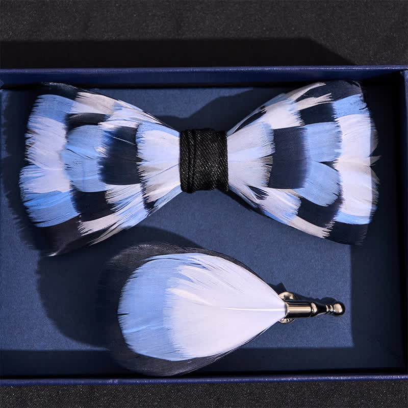 Papillon con piume a scacchi blu e bianco per bambini con spilla da bavero - image 3