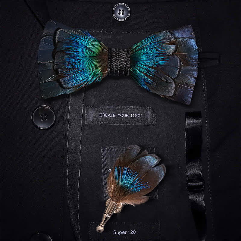 Papillon blu navy a cascata con piume e spilla da bavero - Adulto - image 0