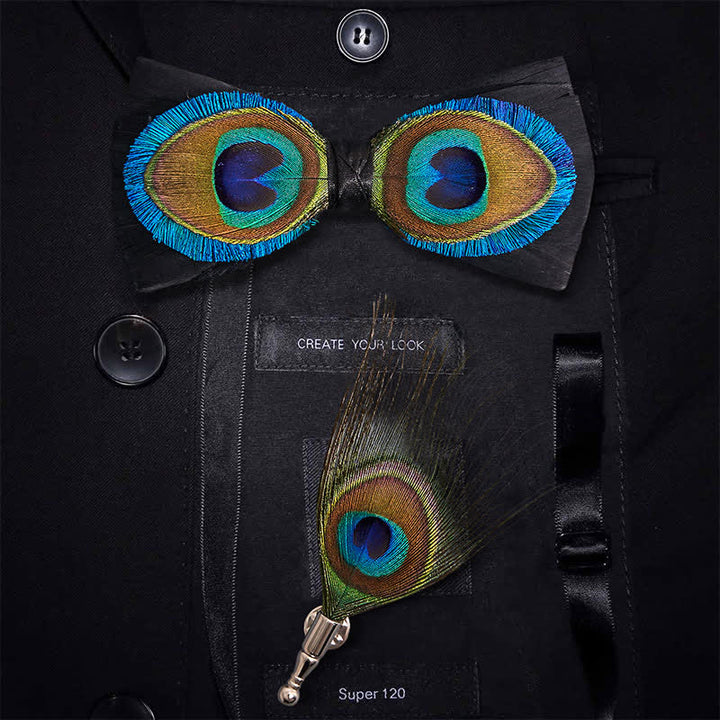 Papillon con piume di pavone blu e nero - Papillon + spilla - image 0