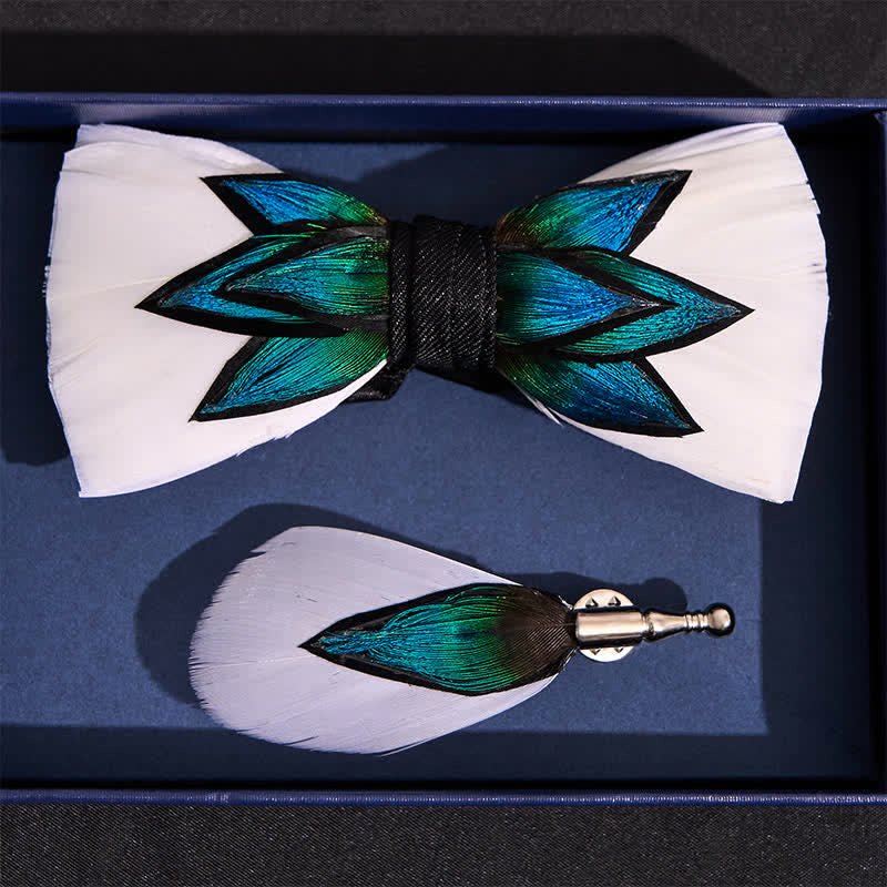 Papillon con piume blu ciano e bianco crema - image 3